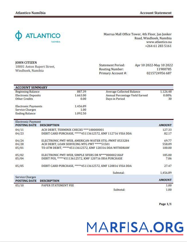 Downloadable Namibia Atlantico bank statement word sample